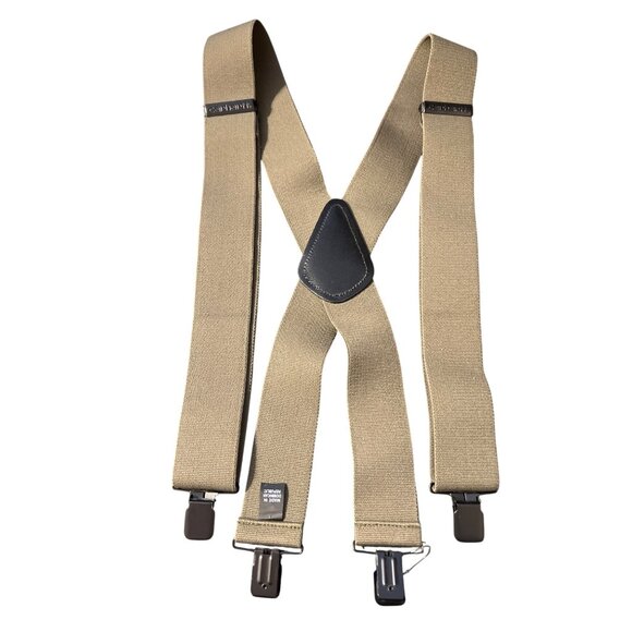 Carhartt Olive Green Elastic Suspenders Black Leather Metal Clips Durable NWOT - Picture 1 of 4
